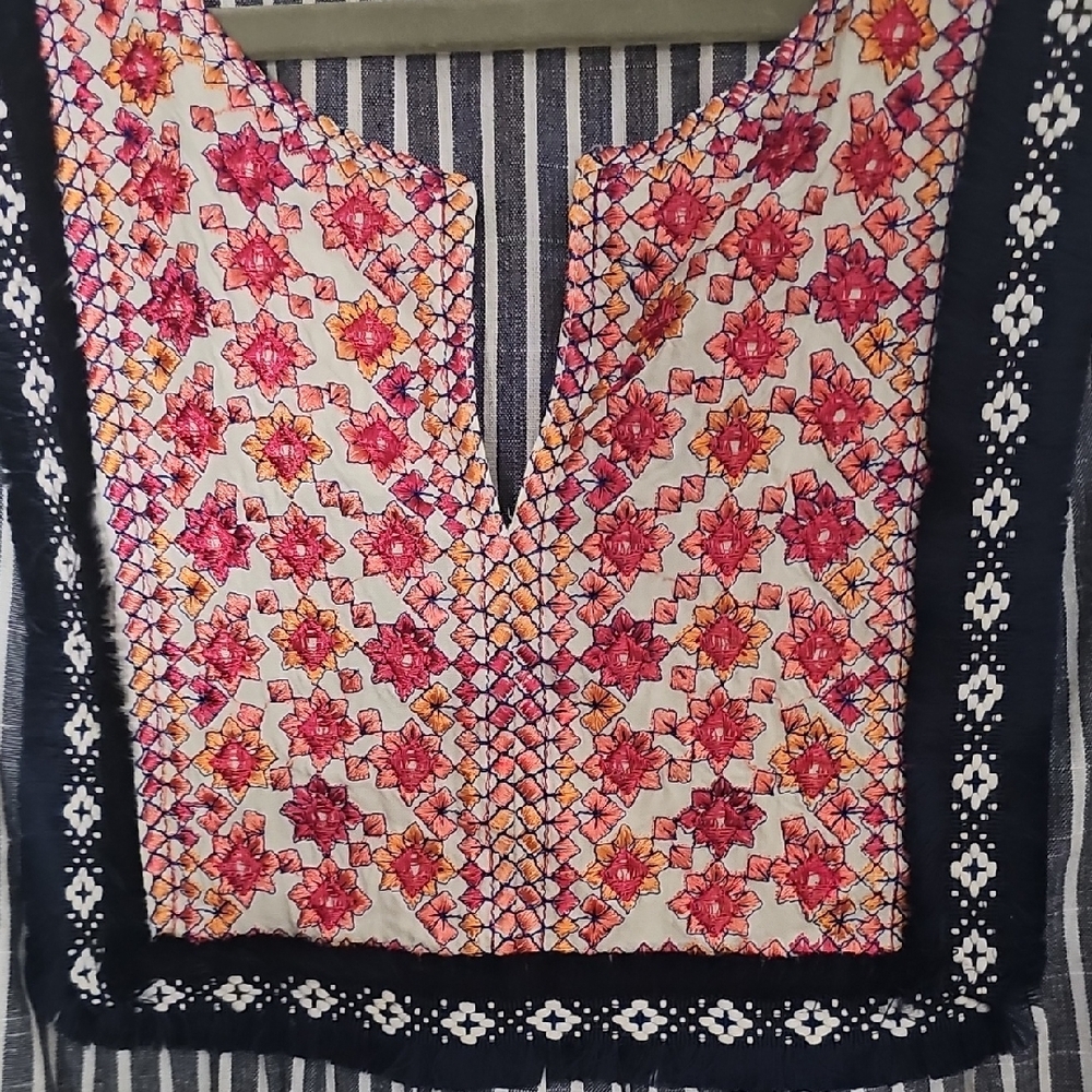 Entro Navy and White Striped Blouse with Pink Embroidery - Picture 3 of 6